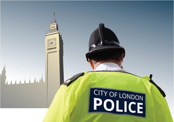United Kingdom police man in a uniform with inscription "POLICE" written on his back. 3d vector hand drawn illustration