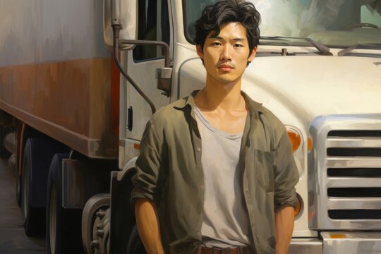 A young attractive Asian truck driver sits near his truck and looks into the distance
