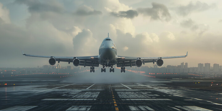 Plane landing at fogy weather.