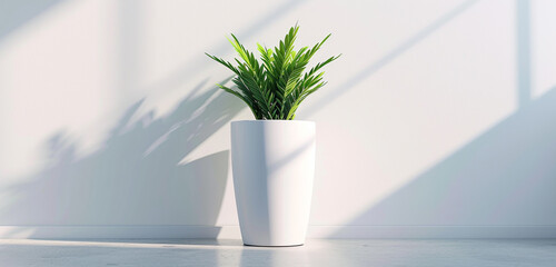 Tall, elegant plant pot mockup with a glossy finish, allowing for vertical corporate logos and inspirational quotes - obrazy, fototapety, plakaty