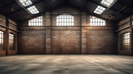 Empty old warehouse interior with brick walls, concrete floor, and a black steel roof structure