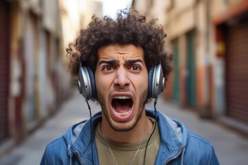 
A young Middle Eastern man grimacing while blocking his ears from the cacophony of urban noise pollution, illustrating the global challenge of noise pollution - obrazy, fototapety, plakaty