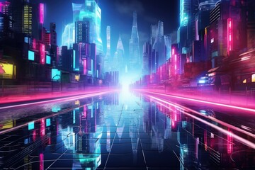 Illustration of an abstract neon megacity with light reflections from puddles on the street, featuring a cyberpunk theme. - obrazy, fototapety, plakaty