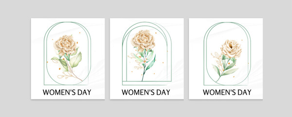 Set of 3 square greeting cards for international women's day with calligraphic hand written phrase. Women with flowers. Eight march. Hand drawn flat vector illustration