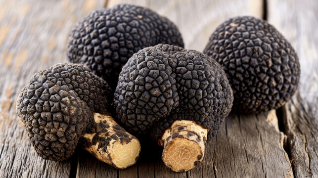 Black truffles, renowned for their rich aroma and exquisite flavor, are elegantly presented on a rustic wooden board, accentuating their natural allure and enhancing their culinary appeal.