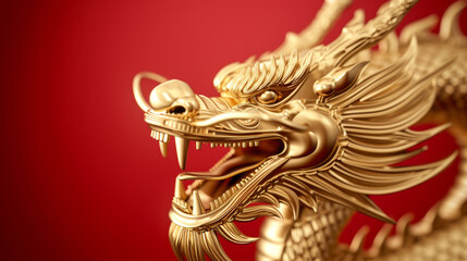 A striking golden dragon, resplendent against a vibrant red background, offers abundant copy space, blending traditional symbolism with modern appeal for captivating designs.