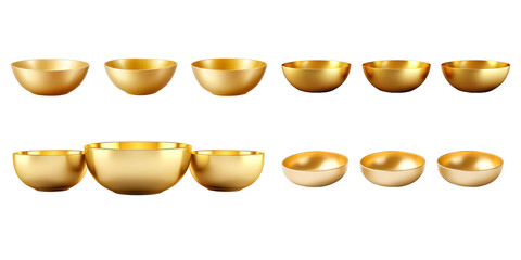Collection of golden bowl isolated on a white background as transparent PNG