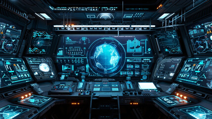 Obraz premium A space station control panel mockup with interactive, multi-layered holographic interfaces