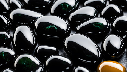 3D black jade pebbles closeup view. Unveiling the mesmerizing energy aura of nature's crystal gemstone