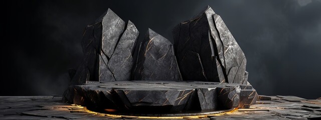 
Rock sat on top of a mountain with some black and yellow lightning coming out of it ocky landscape in an animated render, in the style of dark gray and dark gold, anamorphic art Generated image