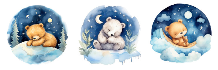 Cute small bear sleeping on the moon watercolor illustration, children's room, fashion design, paint, background, art, wallpaper, print, poster, wall, painting, interior, generative AI