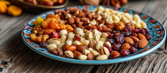 Assorted Nuts and Dried Fruits Platter on Rustic Table - Healthy Snacking Concept