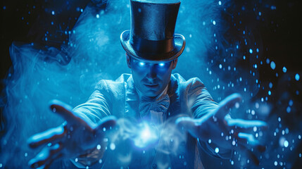 illusionist with blue light in eyes, magic moment 
