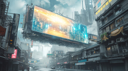 A futuristic cityscape as a backdrop for a hovering billboard mockup displaying digital ads