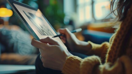 Side view, close up of a female hand using digital tablet with a pen while working from home.