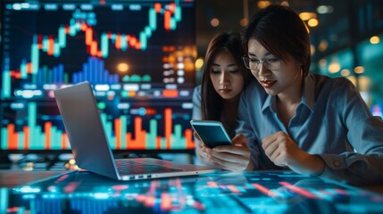 photo of Young Asian couple managing finance and investment online, analyzing stock market trades with mobile app on laptop and smartphone.