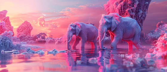 Elephants in Mystical Magenta Sunset Landscape
