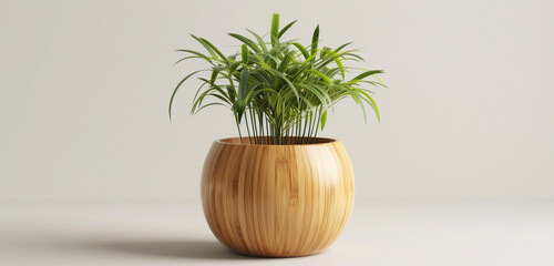 Bamboo plant pot mockup with an eco-friendly design, ideal for laser-engraved corporate branding and sustainability messages
