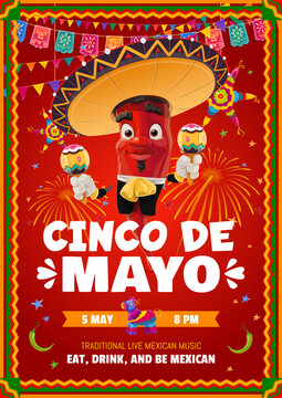 Cinco De Mayo Mexican holiday flyer for fiesta party with chili pepper mariachi character, vector poster. Mexican Cinco De Mayo fiesta flyer with papel picado flags and pinatas, sombrero and maracas