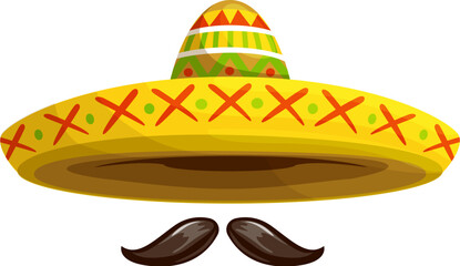 Mexican sombrero paired with mustaches, isolated cartoon vector hat adorned with vibrant colors and intricate patterns, symbolizes Latin culture, festive spirit and lively traditions of country