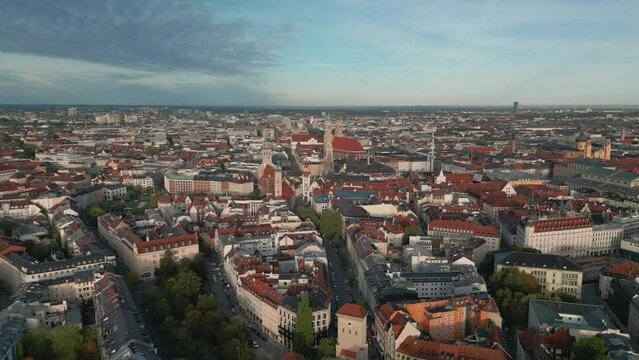 The drone aerial footage of old town of Munich at sunrise, Bavaria, Germany. Munich is the capital and most populous city of the Free State of Bavaria.	