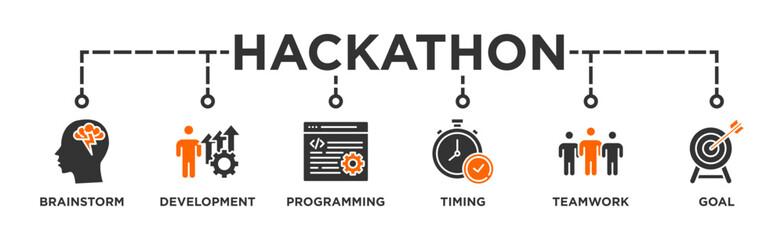 Hackathon banner web icon illustration concept for design sprint-like social coding event with icon of brainstorm, development, programming, timing, speed, teamwork, and goal