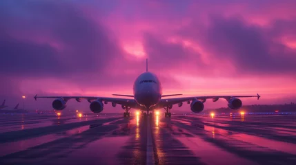 Poster Plane landing at sunset. © Nim