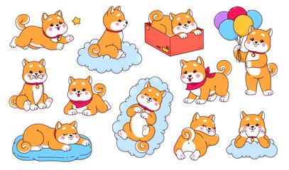 Obraz premium Cartoon kawaii shiba inu dog and puppy characters, cute pet animals vector personages. Funny japanese dogs sleeping and playing with bone toy, box, balloons, clouds, star. Happy shiba inu puppies set