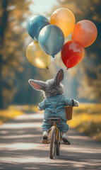 easter bunny is riding a bicycle with colorful balloons in spring - 747039511