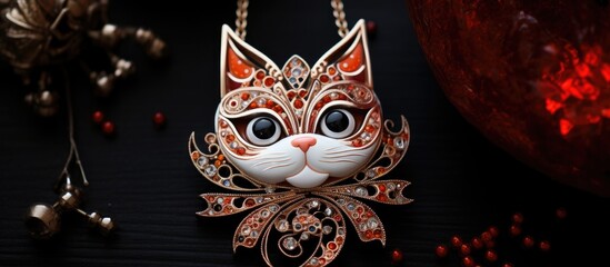 A detailed look at a cat necklace with a red clay design adorned with sparkling crystals or diamonds, placed on a table.