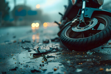 Motorcycle skidded on wet road and collided with a car - obrazy, fototapety, plakaty