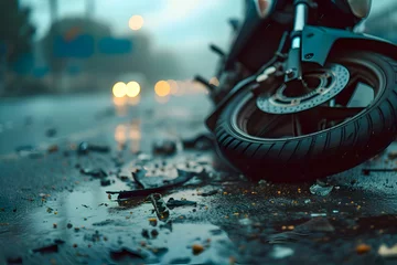 Deurstickers Motorcycle skidded on wet road and collided with a car © Nadzeya