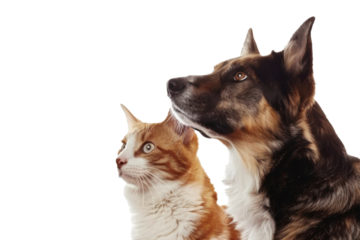 Portrait of Happy dog and cat that looking at the camera together isolated on transparent background, friendship between dog and cat, amazing friendliness of the pets.