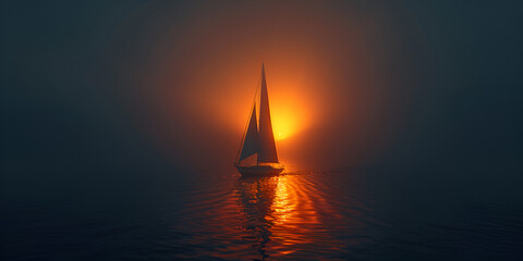 Sailing ship silhouette glides on tranquil water  
