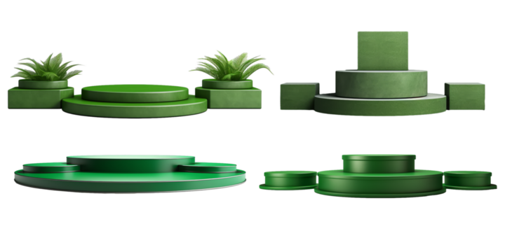 Collection of empty green color podium isolated on a white background as transparent PNG