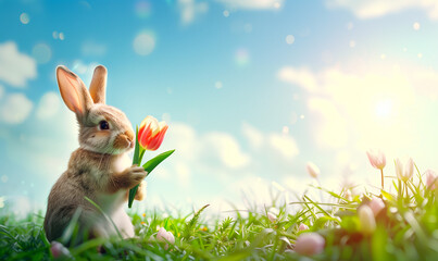 cute easter bunny with fresh tulip on a spring meadow - 747039906