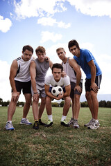 Soccer player, team and portrait in low angle, field and together with hug for training, exercise...
