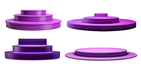 Collection of empty purple color podium isolated on a white background as transparent PNG