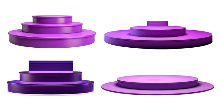 Collection of empty purple color podium isolated on a white background as transparent PNG