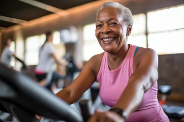 Papier Peint photo autocollant Fitness Elderly African American woman engaged in sports, gym fitness for seniors, healthy aging, active lifestyle