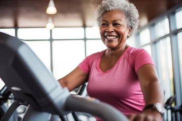 Crédence de cuisine en verre imprimé Fitness Elderly African American woman engaged in sports, gym fitness for seniors, healthy aging, active lifestyle
