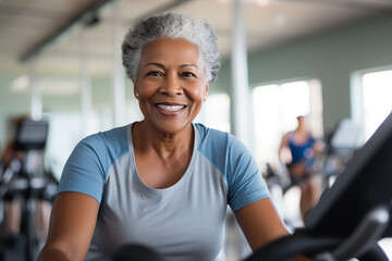 Elderly African American woman engaged in sports, gym fitness for seniors, healthy aging, active...