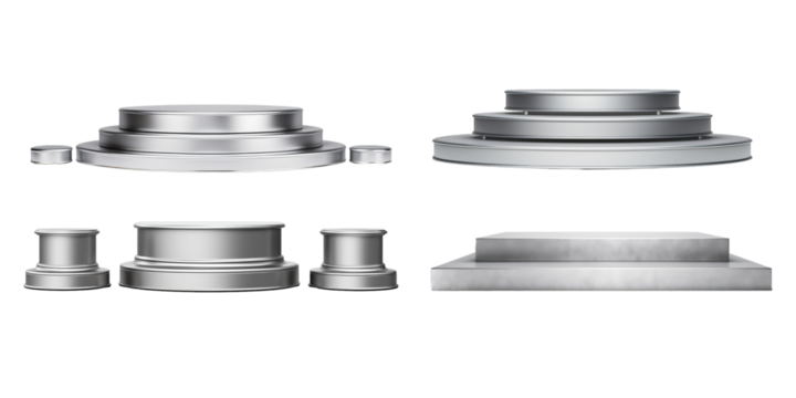 Collection of empty gray color podium isolated on a white background as transparent PNG