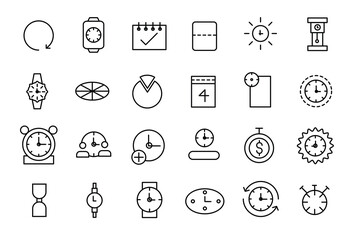 Time and Clock linear icons set. Date and Time, Timer, watch, speed, calendar, alarm clock Editable stroke. - obrazy, fototapety, plakaty