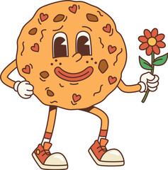 Cartoon retro groovy cookie character holding a daisy. Isolated vector whimsical pastry personage, adorned with chocolate chips, smiling broadly, and radiating a joyful, nostalgic psychedelic 70s vibe