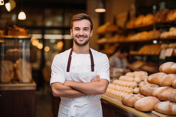 Portrait of a male baker standing confidently in his urban bakery, embodying the spirit of small business success in the city. - obrazy, fototapety, plakaty