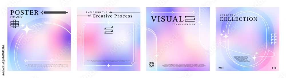 Poster Aesthetic y2k gradient poster background with abstract shapes. Modern and trendy set of vector templates with fluid gradients. Minimal style designs with geometric figures, lines, and graphic elements