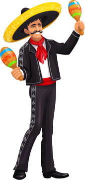 Mexican Cinco de mayo holiday Mariachi musician character. Vector charro personage in traditional attire plays maracas infusing lively rhythm and spirited energy into enchanting melodies of folk music