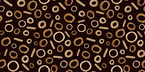 Seamless watercolor pattern with brown round rings on black background. Hand drawn endless repeat luxury backdrop