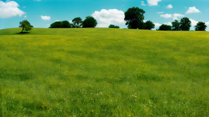 Obraz premium grass-bending-under-a-gentle-breeze-interspersed-with-vibrant-wildflowers-a-lone-weathered-stone